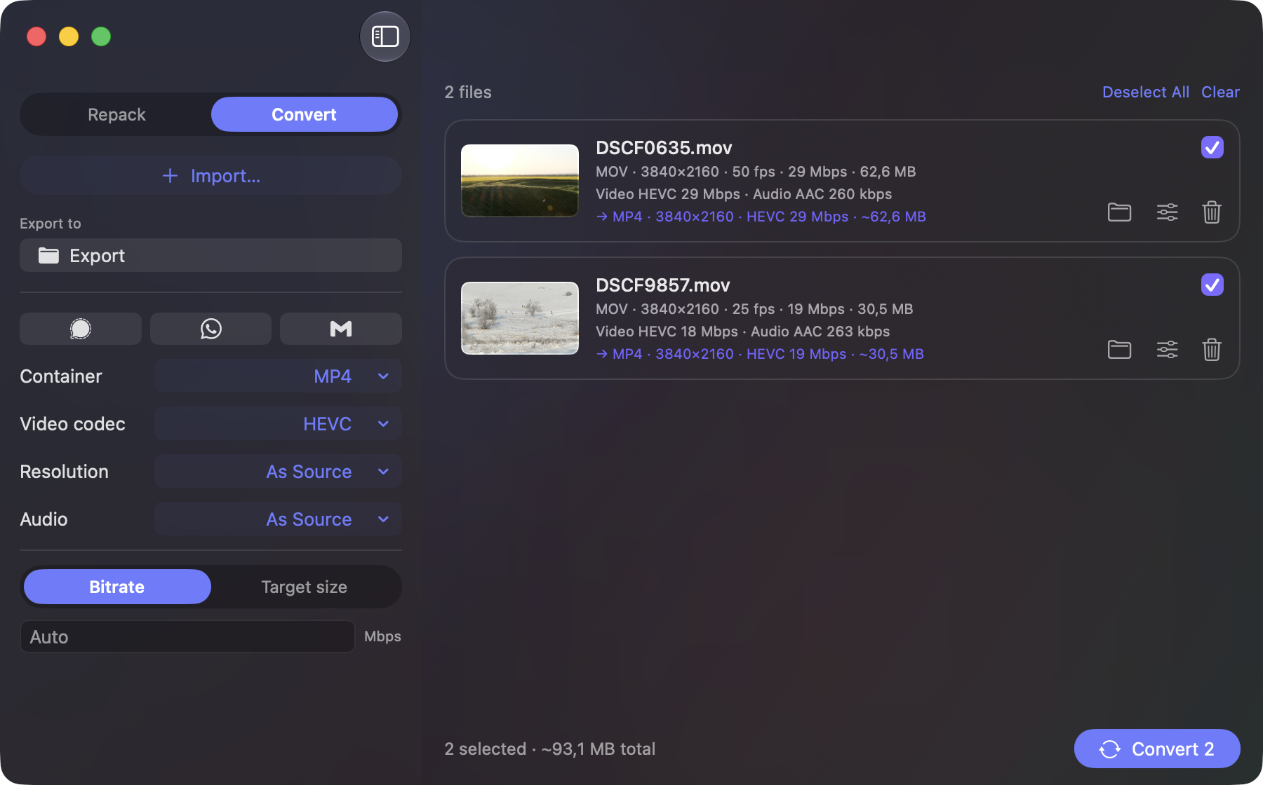 The Undersize window on macOS: two files queued for conversion, with the settings sidebar